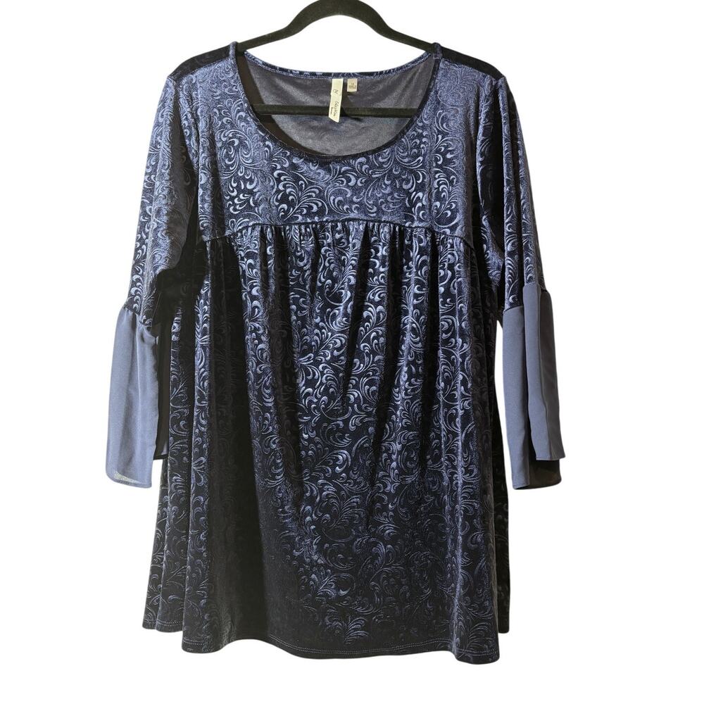 NY Collection Women's Size 12 Damask Scroll Leaf Burnout Velvet Bell Sleeve Top
